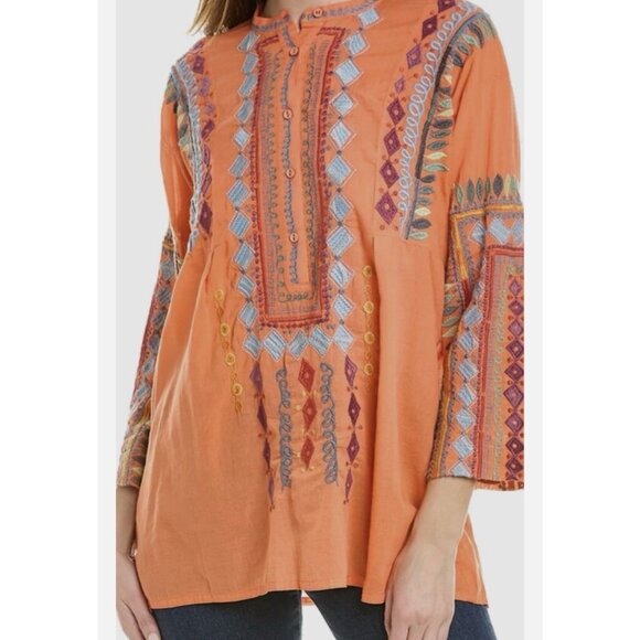Johnny Was Tops - Biya Johnny Was Coral 100% Cotton Embroidered Tunic Top, Size XS, Bohemian Boho
